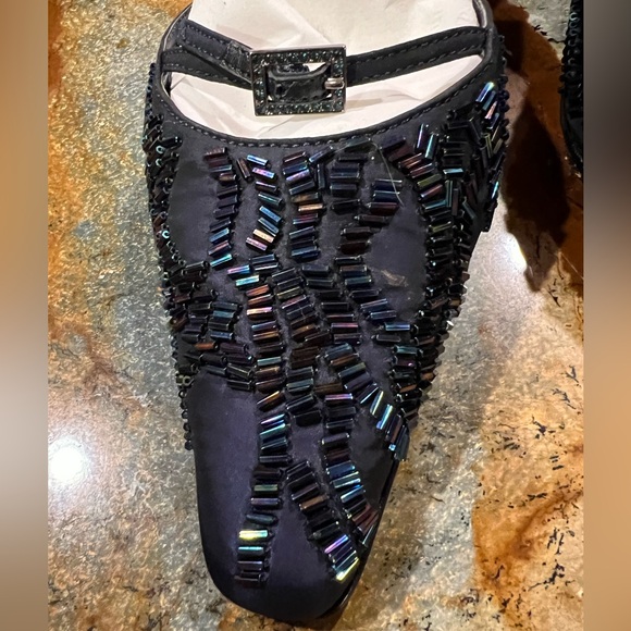 Vintage 90s Ann Marino Navy Blue 💙Midnight Beaded Iridescent Buckle Mules 8 1/2 - Picture 3 of 5